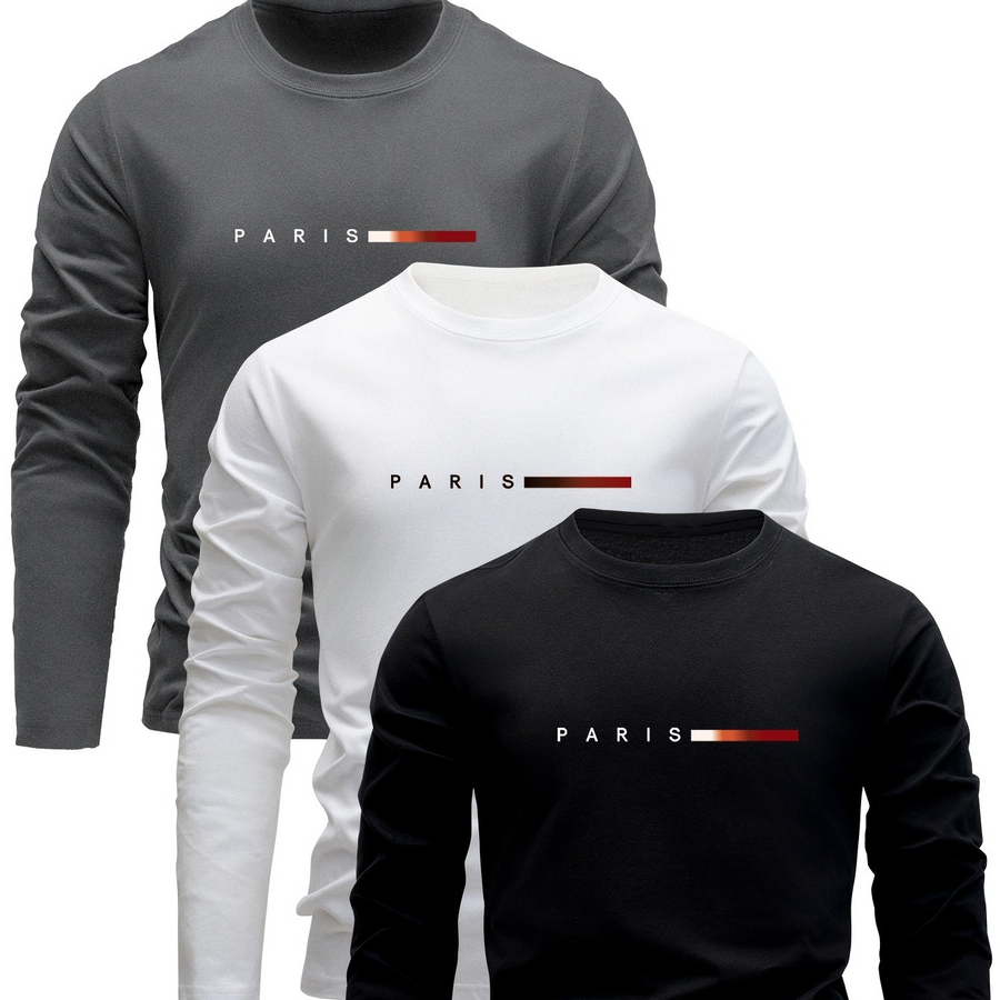 Set om 3 långärmade T-shirts med "PARIS" tryck - Grå, Vit och Svart