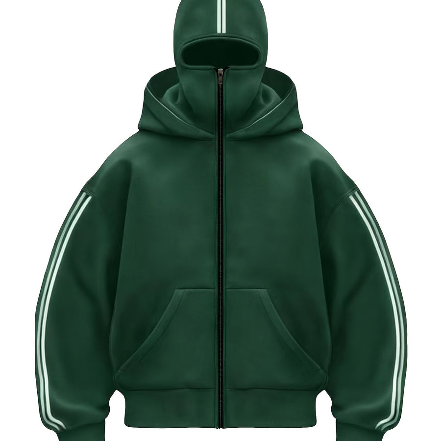 Hoodie med dragkedja och integrerad balaklava, vita ränder