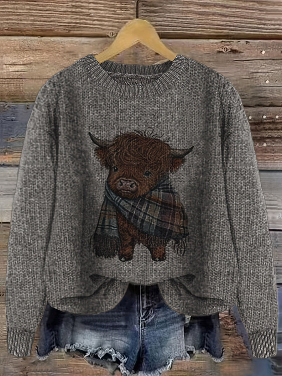 Women's Crew Neck Highland Cow Graphic Pullover Sweater