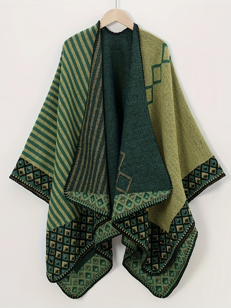 Grön Mönstrad Sjalponcho med Geometriskt Tryck och Fransdetaljer