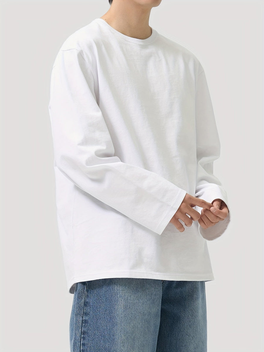 Unisex Långärmad T-shirt i Enfärgad Lös Passform med Rund Hals