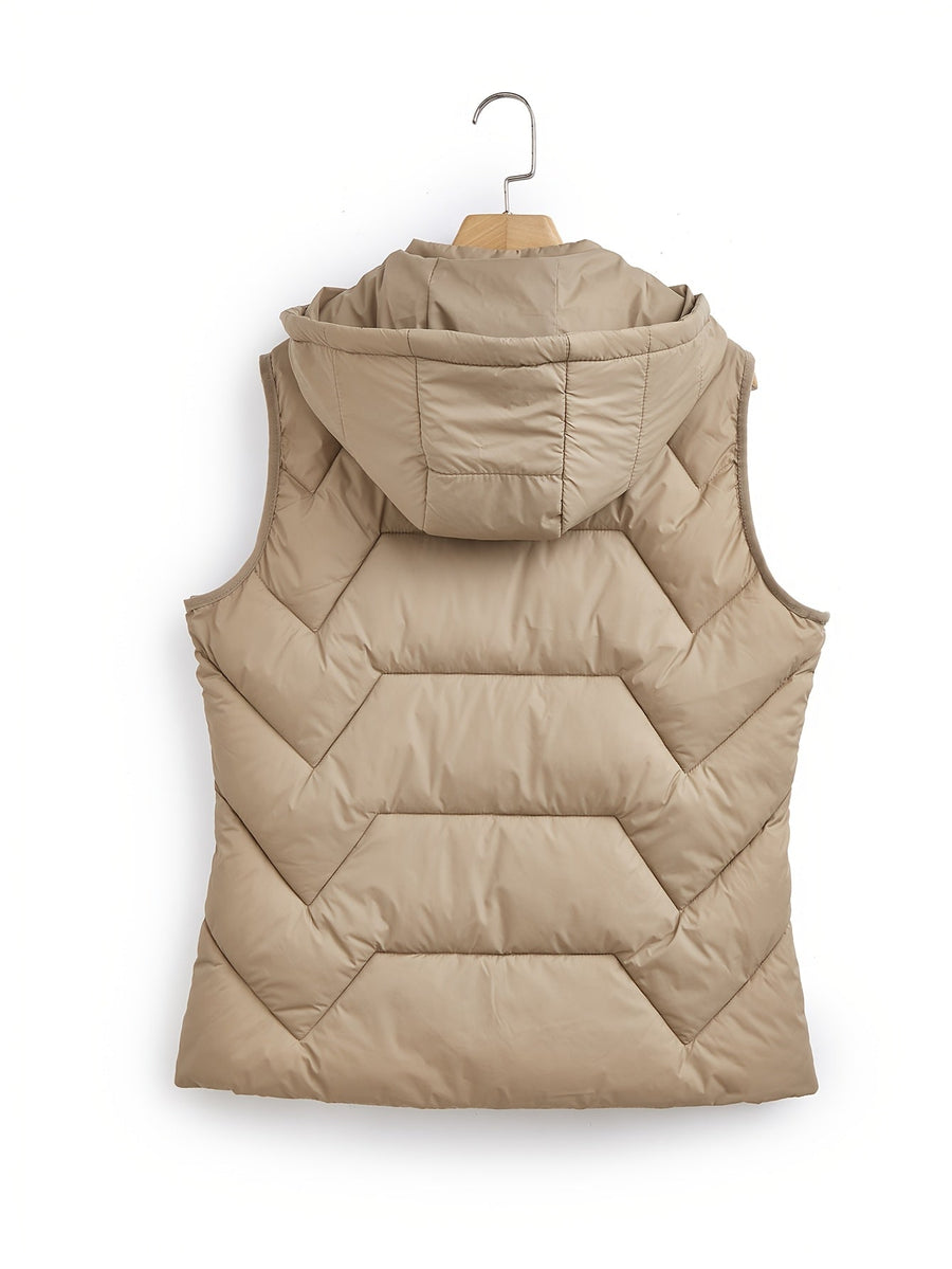 Kvinnors vadderad väst med huva, beige eller svart, dragkedja, fickor