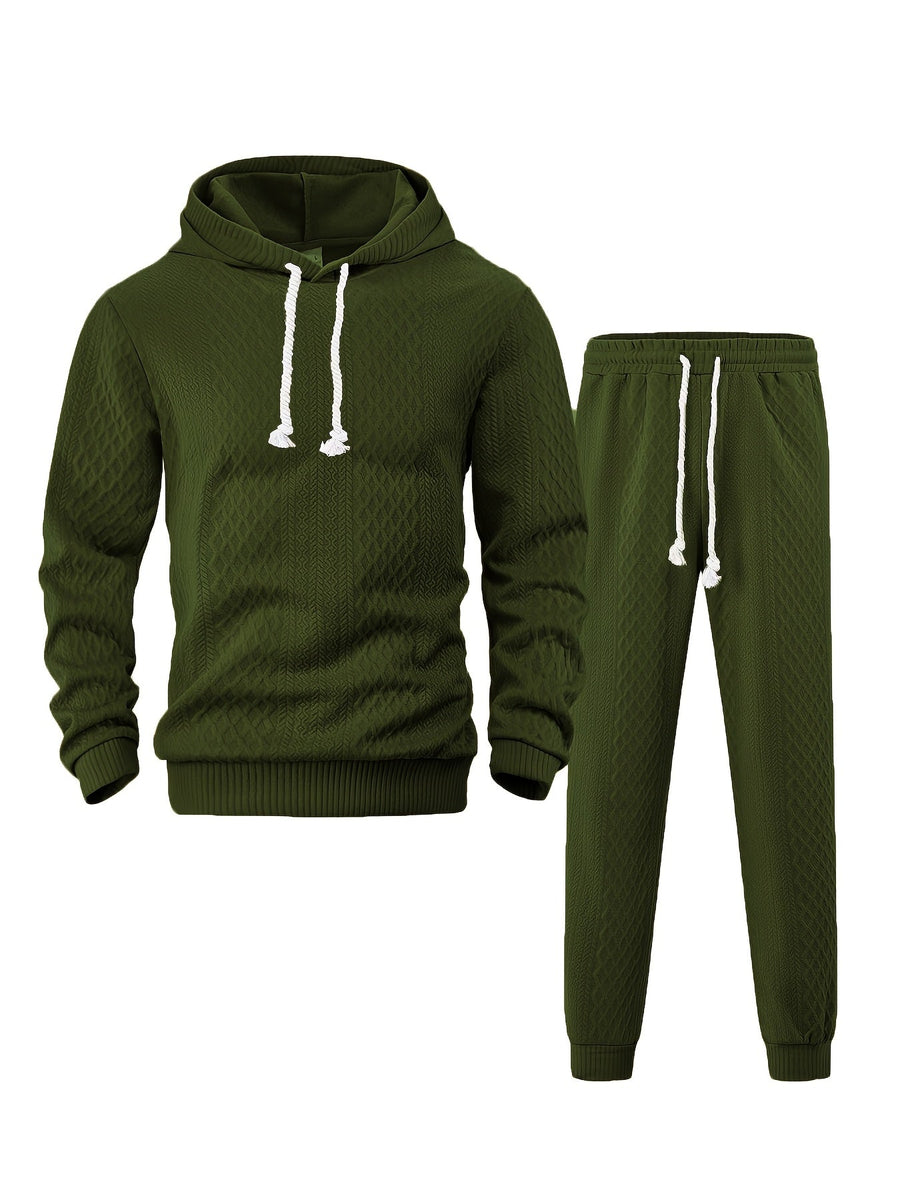 Rutigt Herr Set med Hoodie och Mjukisbyxor i Strukturerat Material