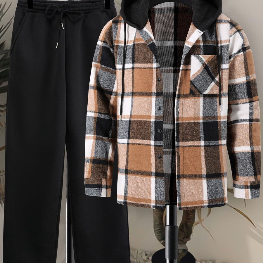 Rutig Hoodietröja med Skjortkrage och Byxor, Herrset med Långärmad Tröja och Sweatpants