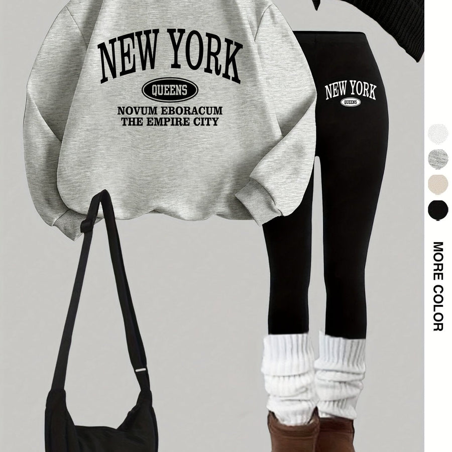 Dam Tröja & Leggings Set med New York-tryck, Rundhals, Långa Ärmar