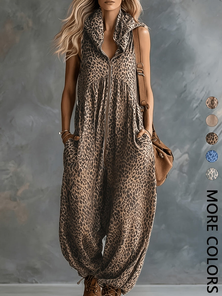 Leopardmönstrad damjumpsuit med huva och dragkedja, ärmlös