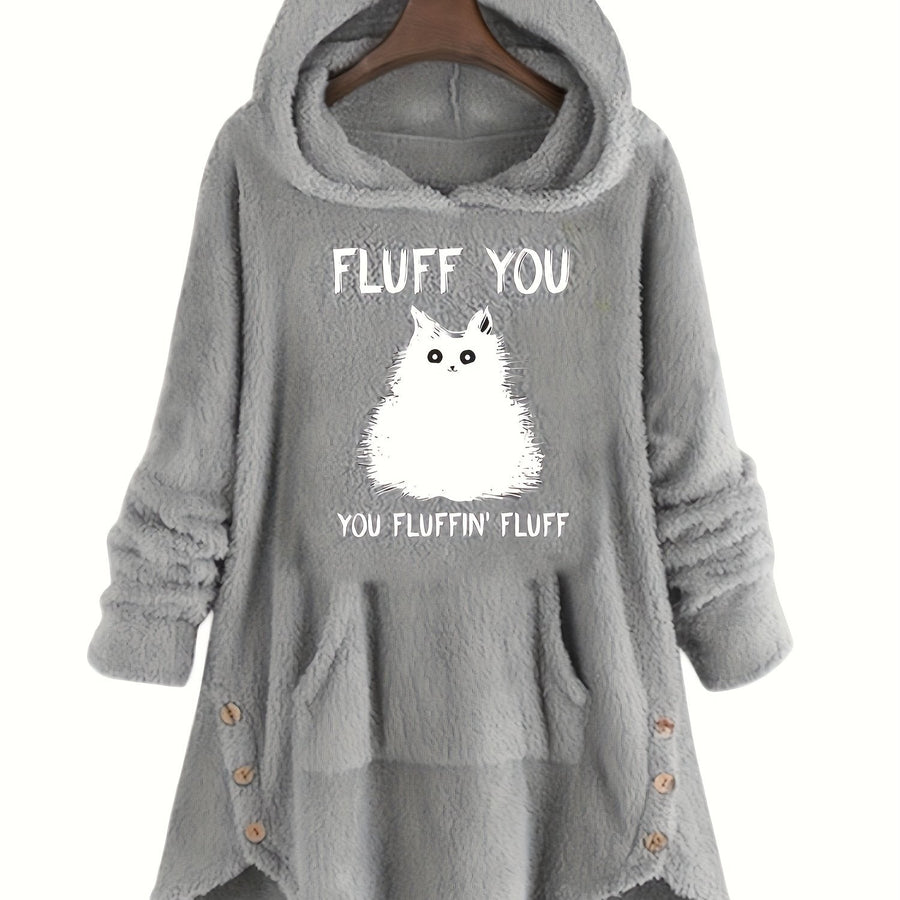 Hoodie för Dam med Kattöron, Kattmotiv och Fickor i Fuskpäls, Burgund/Grå
