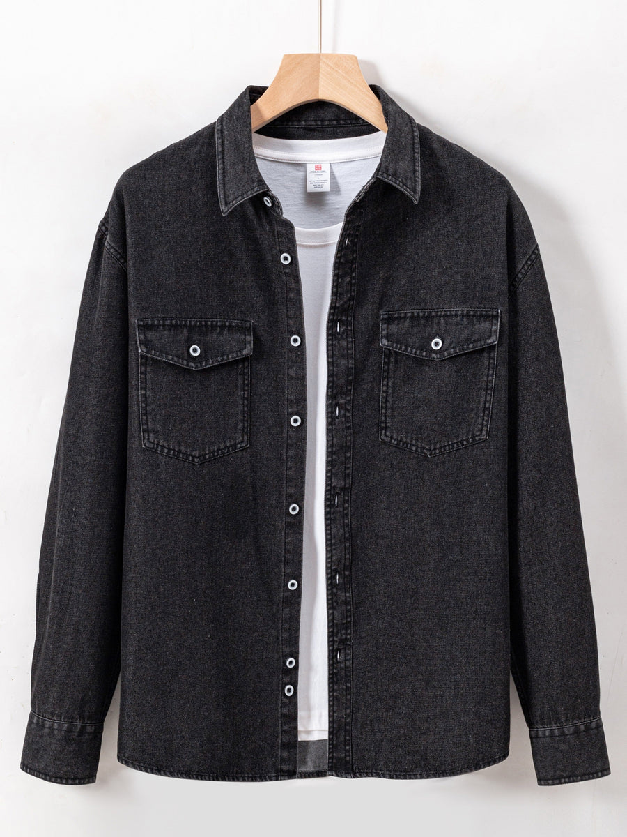 Jeansskjorta med lång ärm och bröstfickor i denimlook