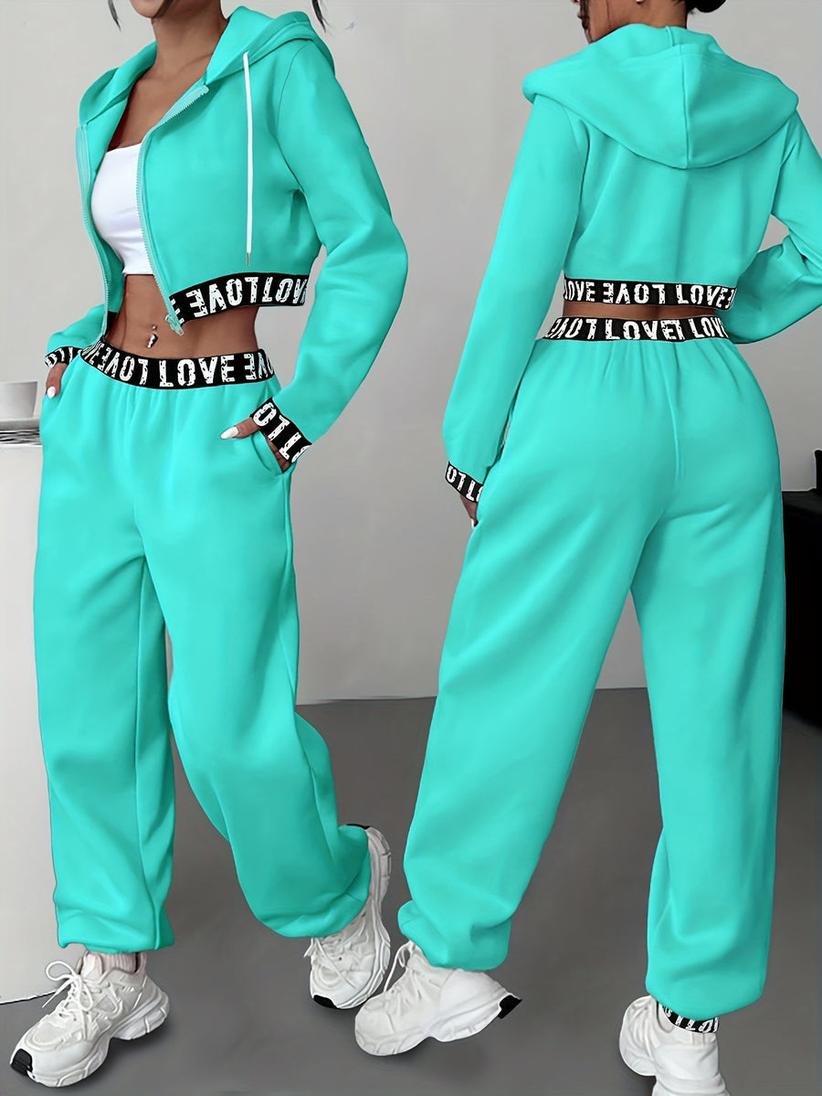 Dam Träningsset Crop Hoodie och Joggingbyxor med Hög Midja, Bokstavsmönster