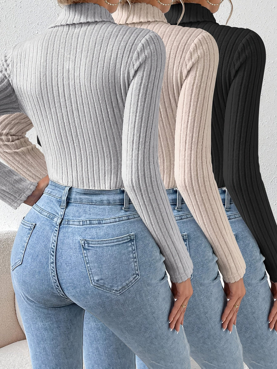 Ribbad långärmad polotröja bodysuit för dam