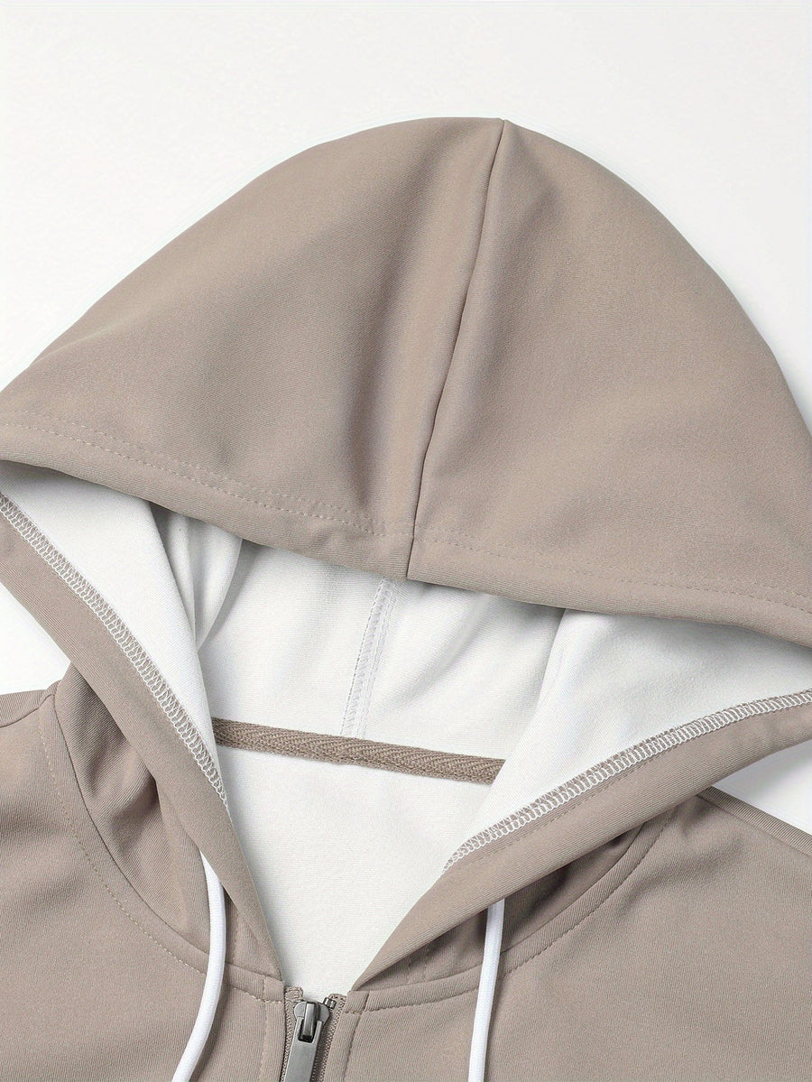 Hoodie med dragkedja, tvåfärgad blockdesign och luva