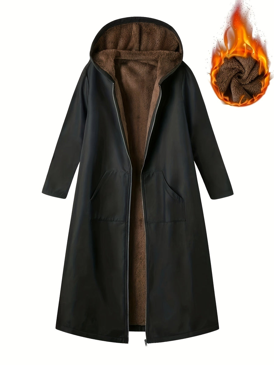 Svart Lång Regnjacka med Huva och Fuskpälsfoder