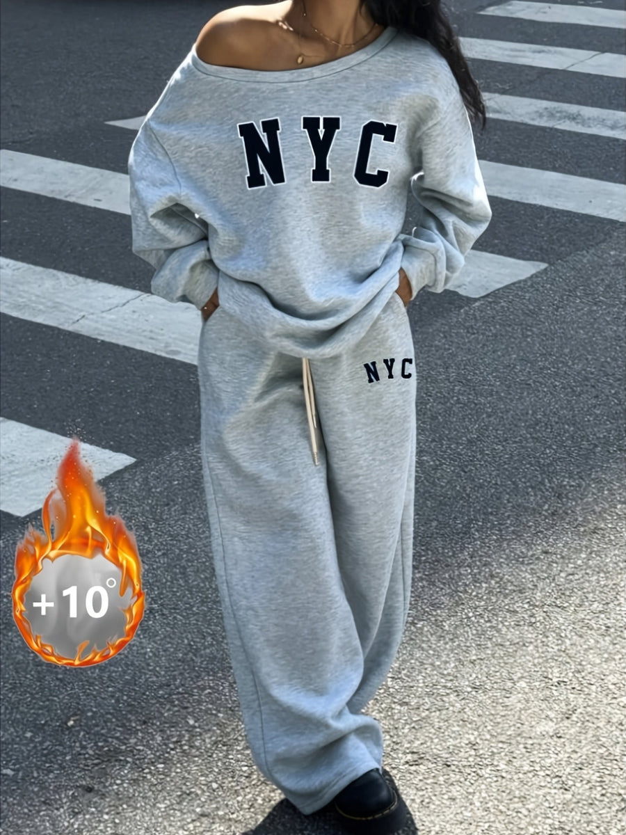 Grå Långärmad Tröja och Byxor med Löst Sittande Passform "NYC" Tryck