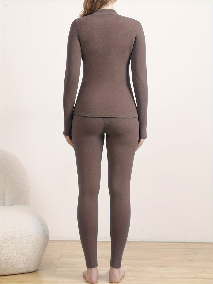 Dam termounderställ med fleecefoder, tvådelat set med hög hals och leggings