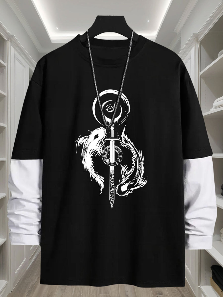Långärmad t-shirt med lager-på-lager-look och svärd- & drakmotiv