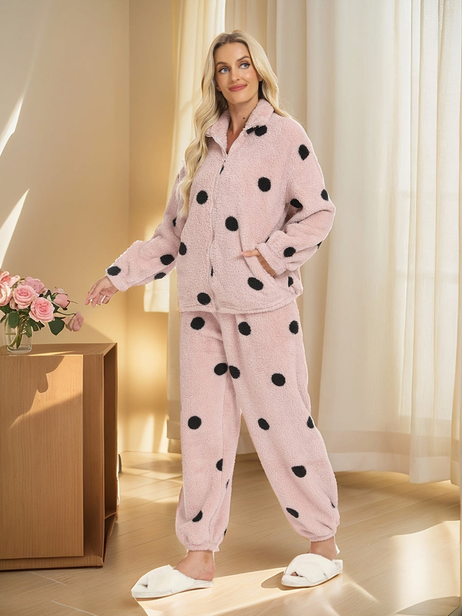 Dam Pyjamas Set i Fluffigt Material med Svarta Prickar och Dragkedja
