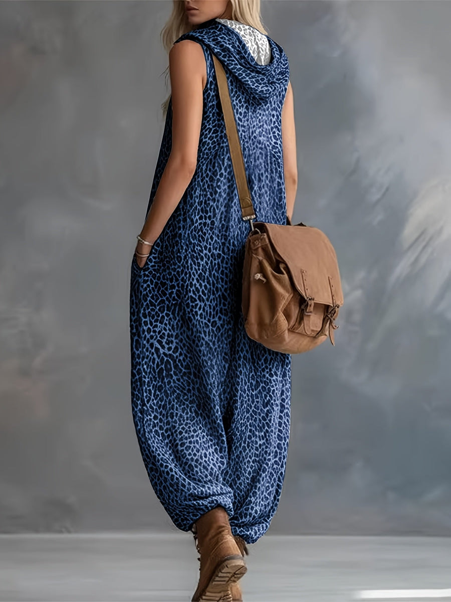 Leopardmönstrad damjumpsuit med huva och dragkedja, ärmlös