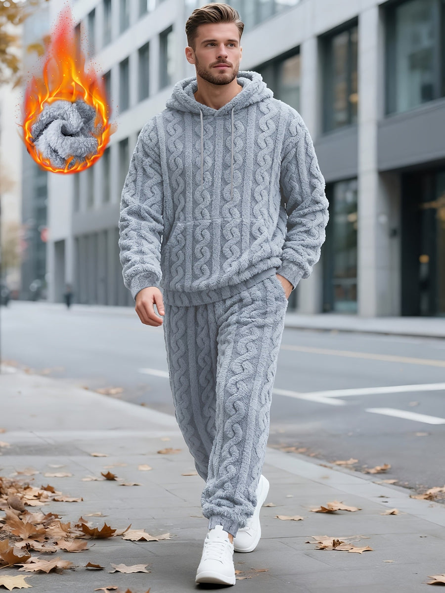 Herr Fluffig Hoodie och Byxor Set med Kabelstickat Mönster, Varm Mjuk Pyjamasdräkt