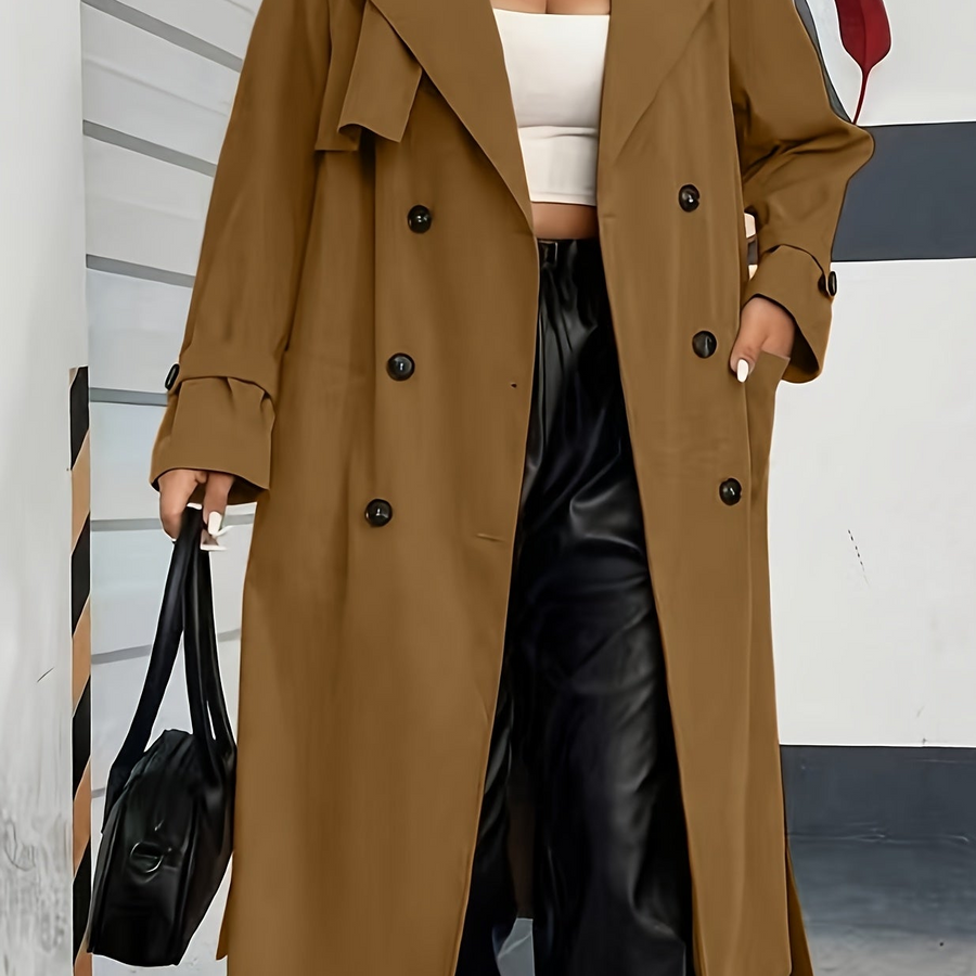 Dam Trenchcoat Lång Dobbeltknäppt med Krage och Manschetter