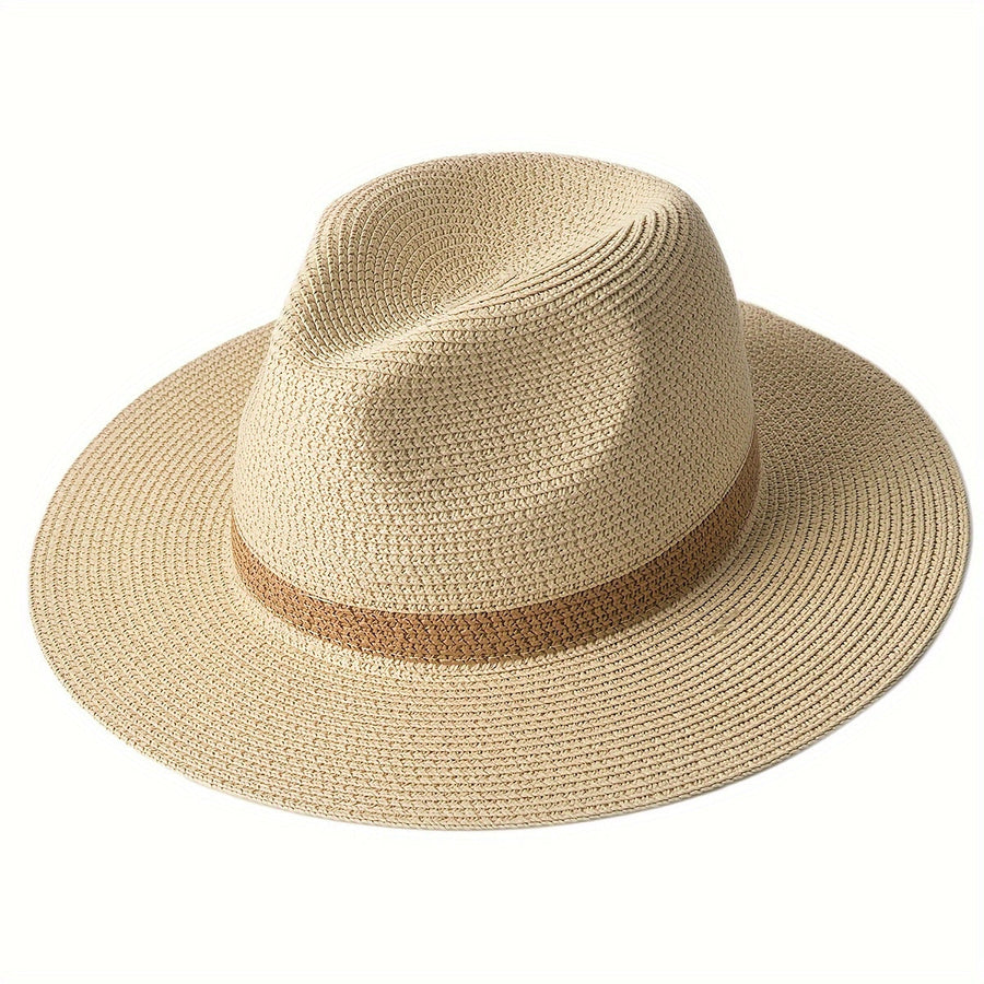 Fedora-hatt i halmimitation med band, khakifärgad