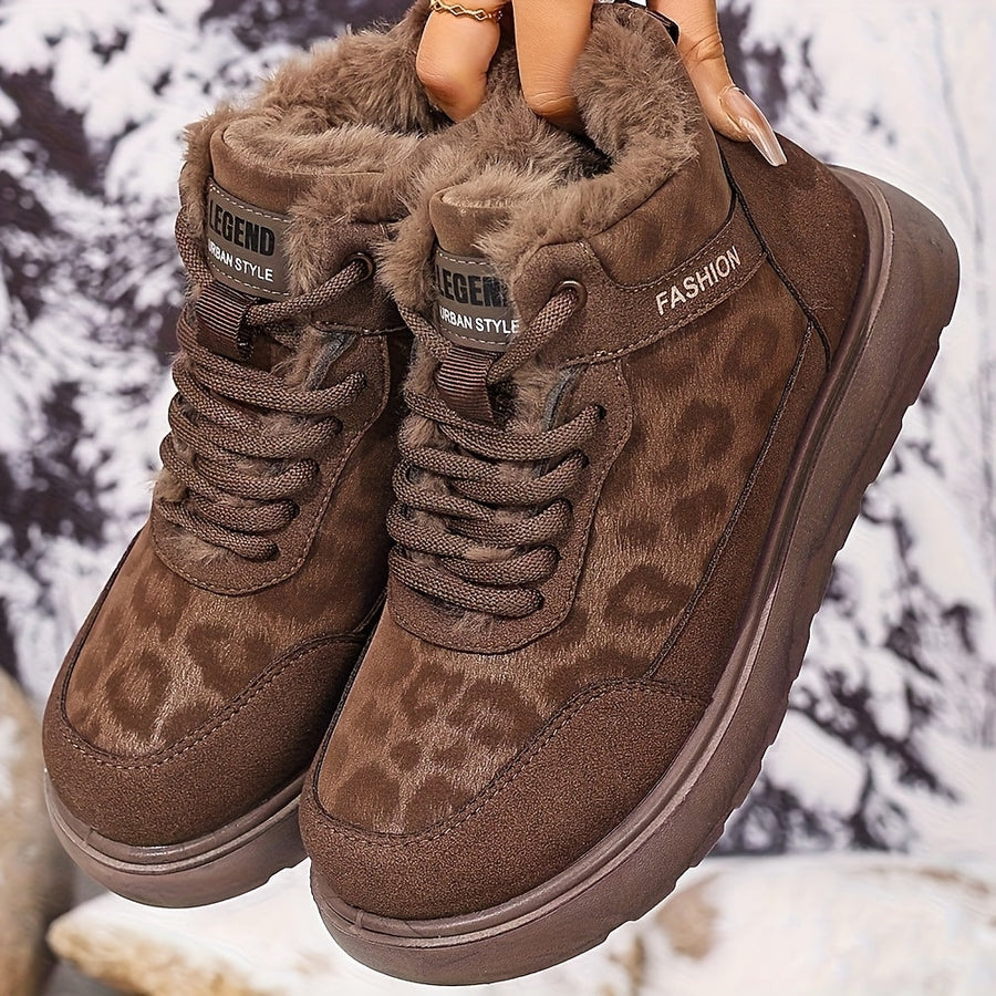 Bruna ankelboots med leopardmönster och foder i fuskpäls