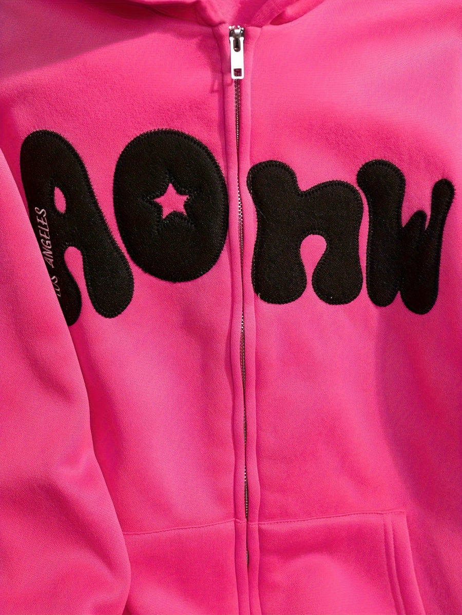 Rosa dragkedjehoodie med stjärna och text