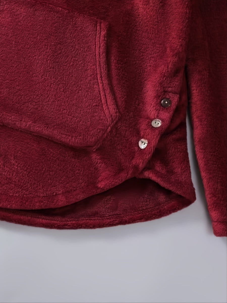 Hoodie för Dam med Kattöron, Kattmotiv och Fickor i Fuskpäls, Burgund/Grå