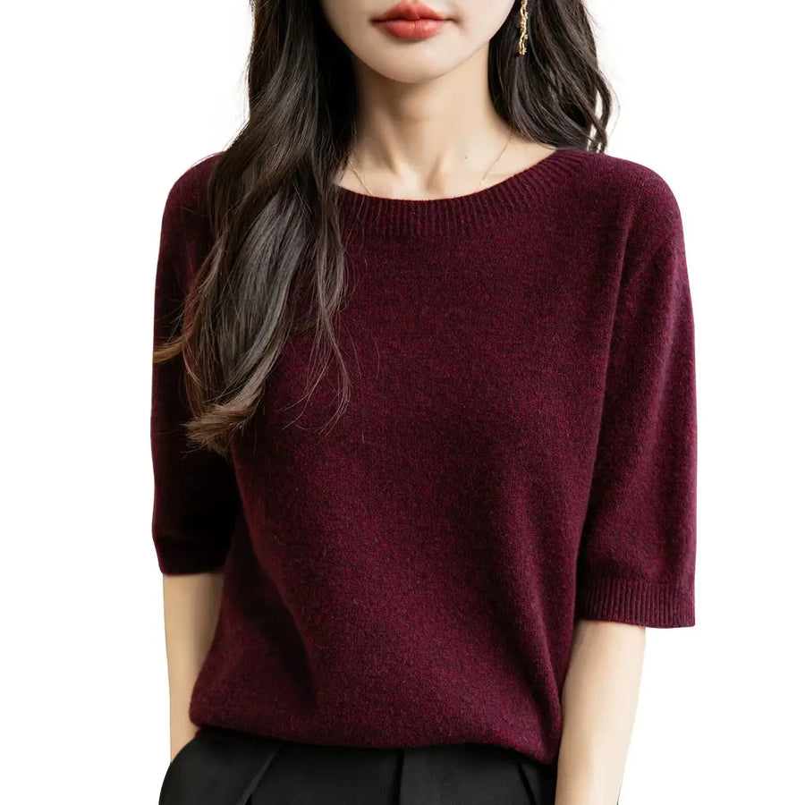 Damtröja kortärmad rundhalsad stickad i enfärgad stil