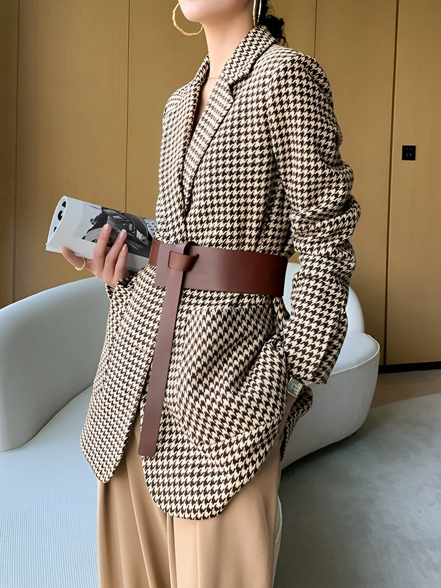 Dam Kavaj Houndstooth Mönster Brun Svart med Skärp Långärmad