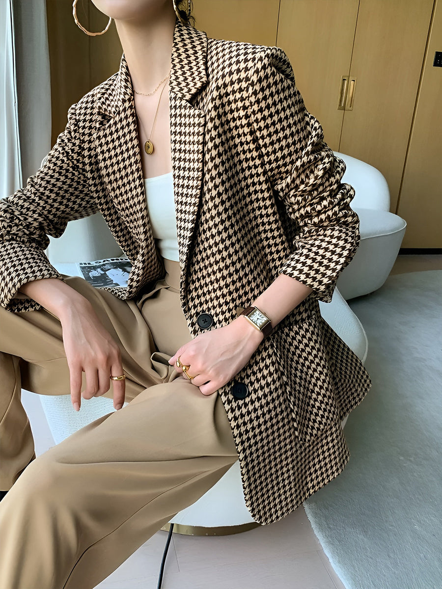 Dam Kavaj Houndstooth Mönster Brun Svart med Skärp Långärmad