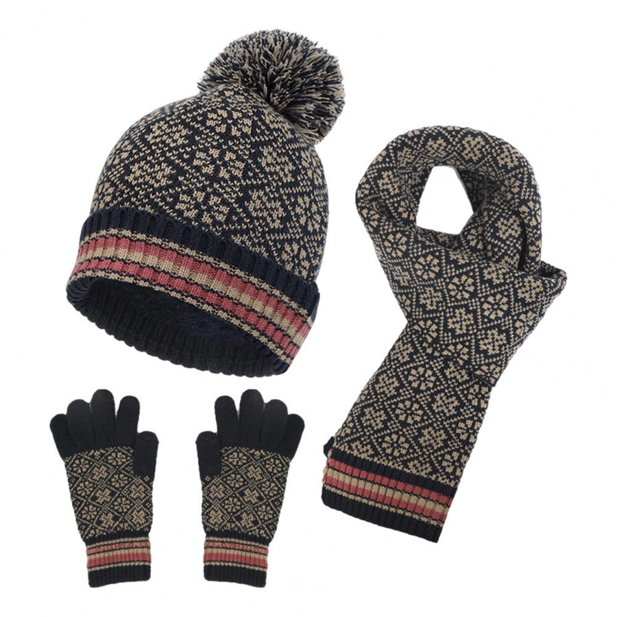 Unisex möss- halsduks- & handskset med pompom, beige, mönstrat stickat