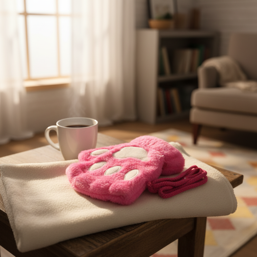 Mjuka katttassvantar med snöre, fluffig design med tassar, fingervantar