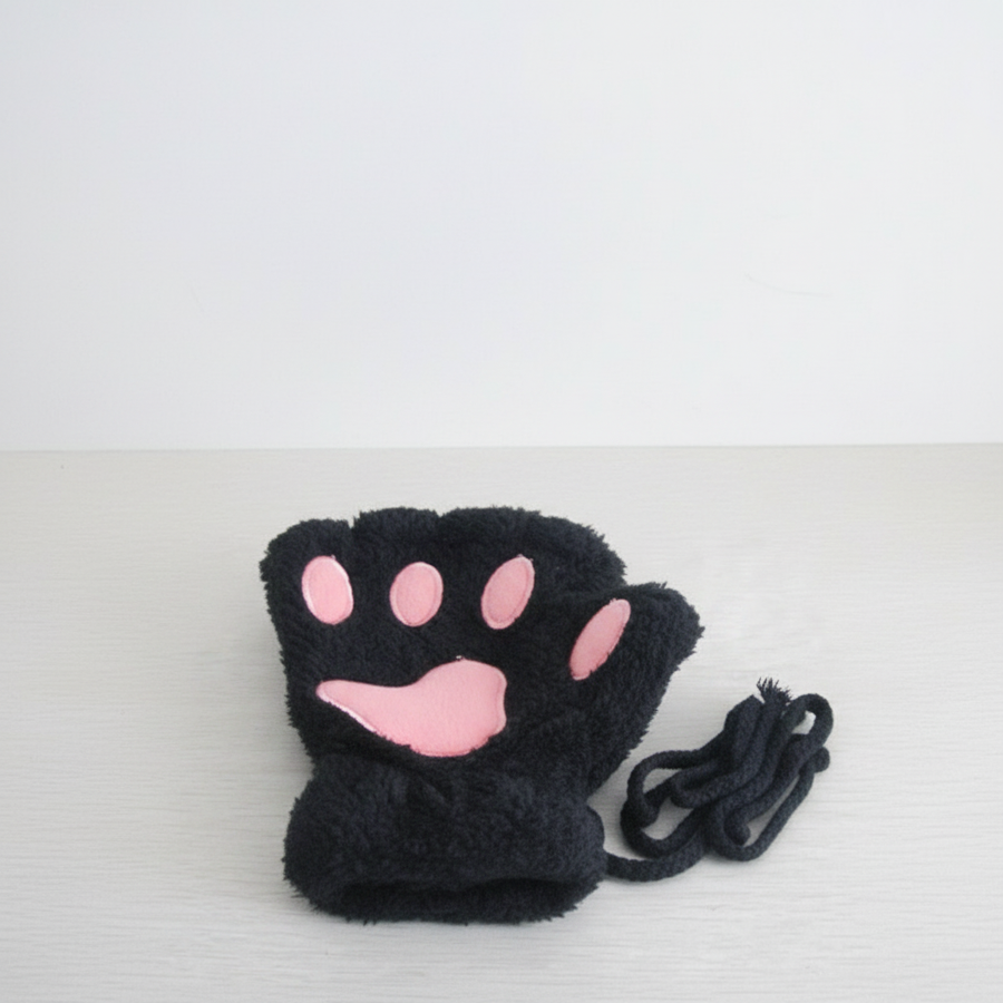 Mjuka katttassvantar med snöre, fluffig design med tassar, fingervantar
