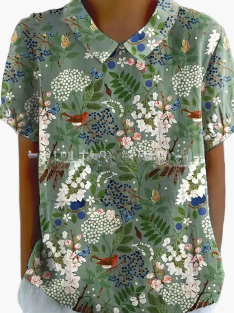 Dam Blus Vintage Blommönster Kortärmad Ledig Stil För Vardag & Arbete