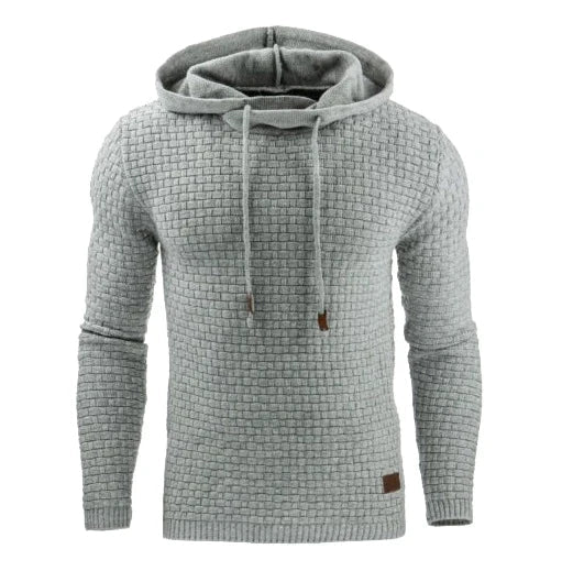 Rutig hoodie i stickat material med huva och dragsko