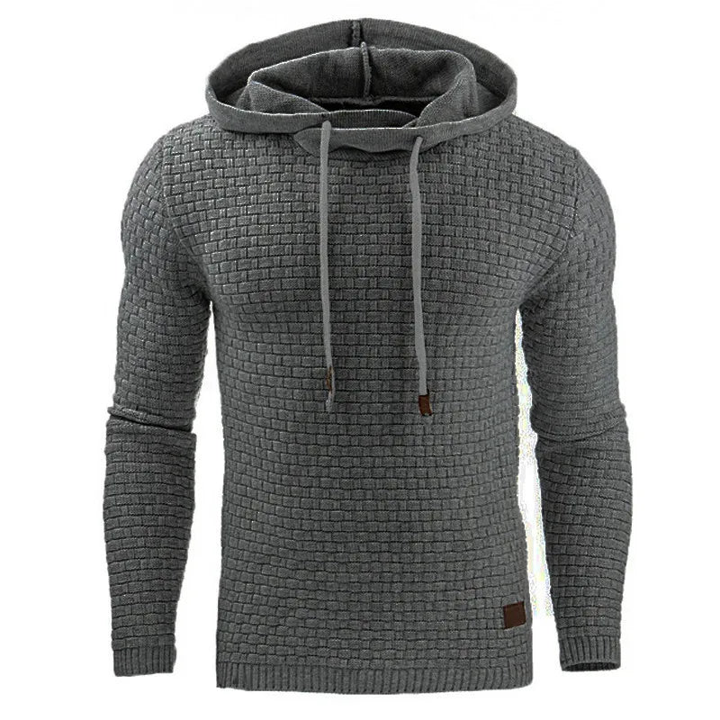 Rutig hoodie i stickat material med huva och dragsko