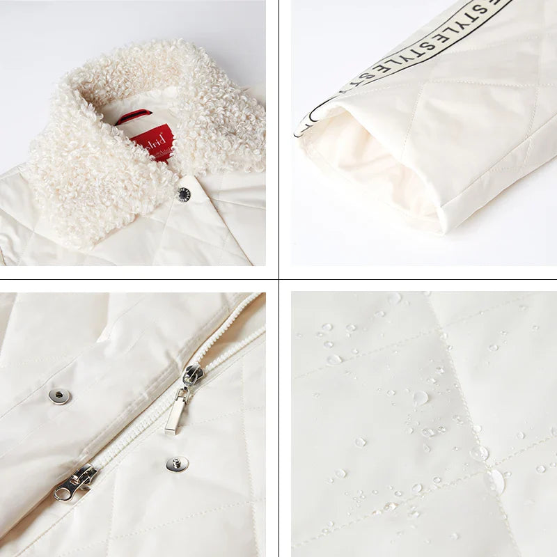 Dam Quilted Lång Jacka med Fuskpälskrage och Trendig Dekor – Vintermode