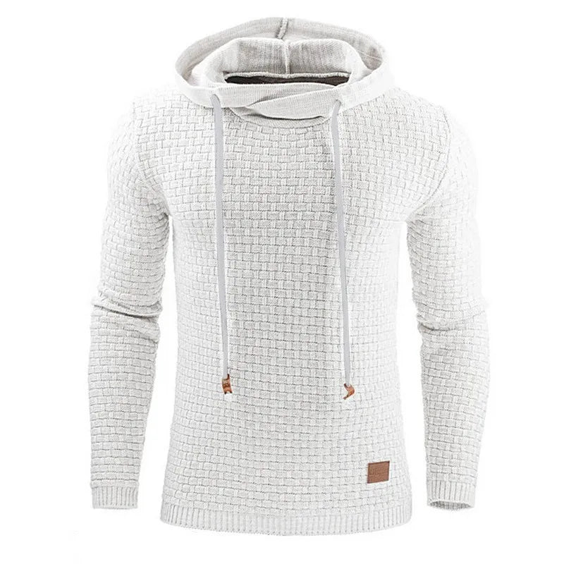 Rutig hoodie i stickat material med huva och dragsko