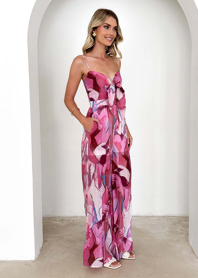 Jumpsuit för dam med breda ben, knuten byst och tropiskt mönster