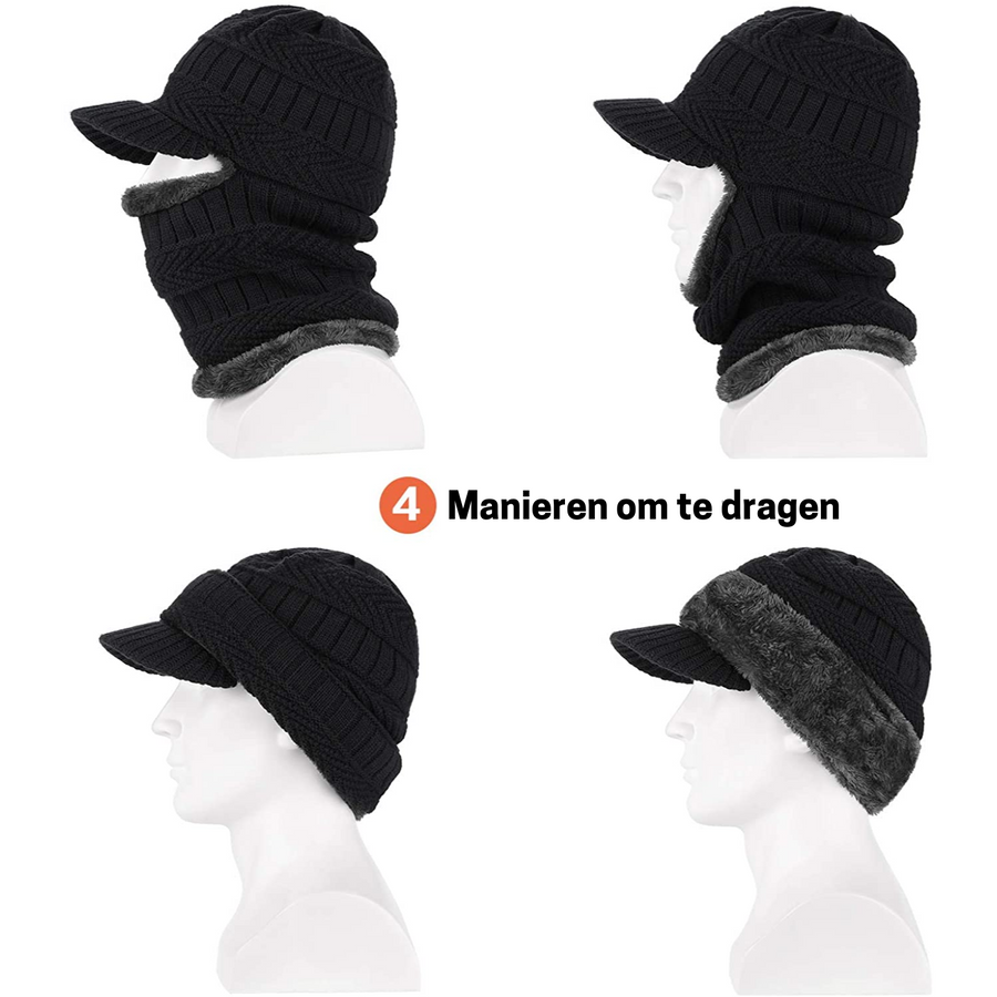 Stickad Mössa och Halsvärmare Set med Skärm, Fodrad