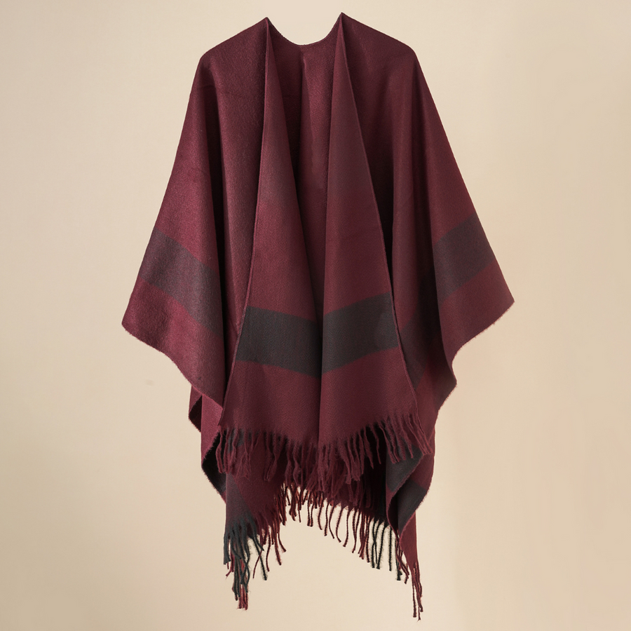Beige rutig poncho med fransar, mjuk halsdukscape för dam