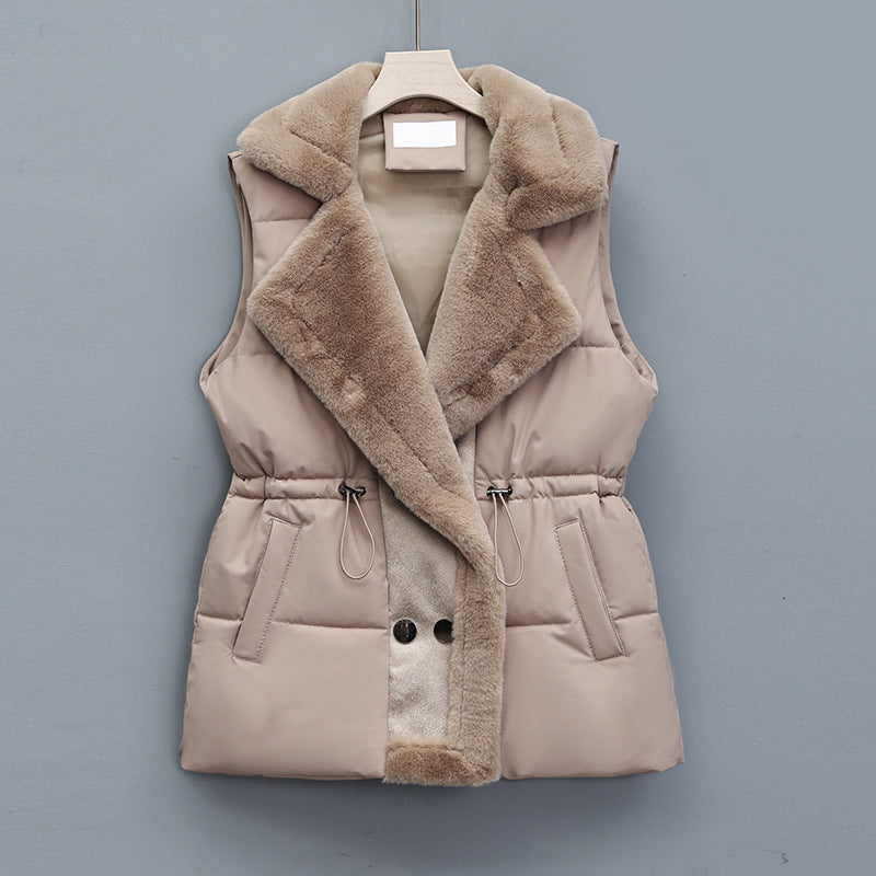Dam Vadderad Väst med Fuskpäls, Dragsko i Midjan, Fickor, Knappar