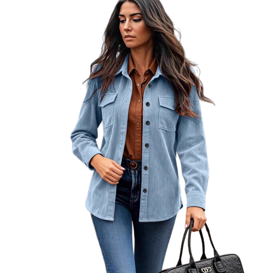 Dam Ribbad Skjortjacka Corduroy Långärmad med Bröstfickor