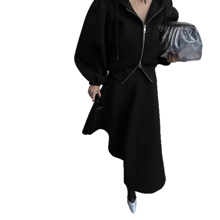Dam Set Hoodie och Lång Kjol med Dragkedja Puffärm Grå