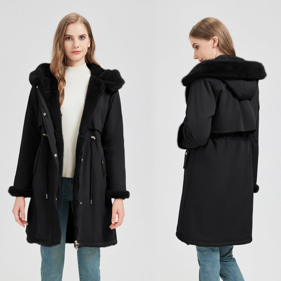 Dam Parkas med Huva och Mjukt Foder, Dragsko i Midjan, Ficka, Långärmad Vinterjacka