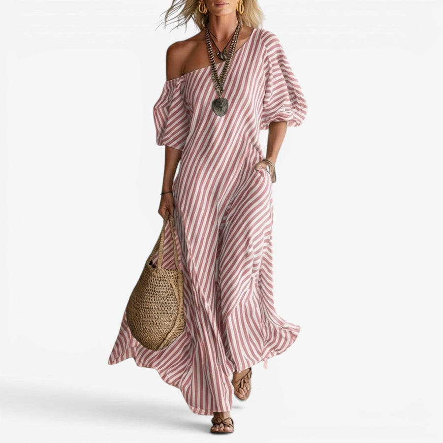 Randig Maxiklänning med Off Shoulder och Puffärm
