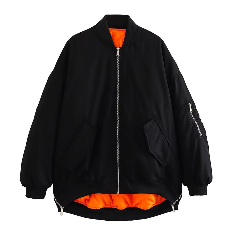 Dambomberjacka med dragkedja, olivgrön/svart, ribbade muddar, vändbar orange insida