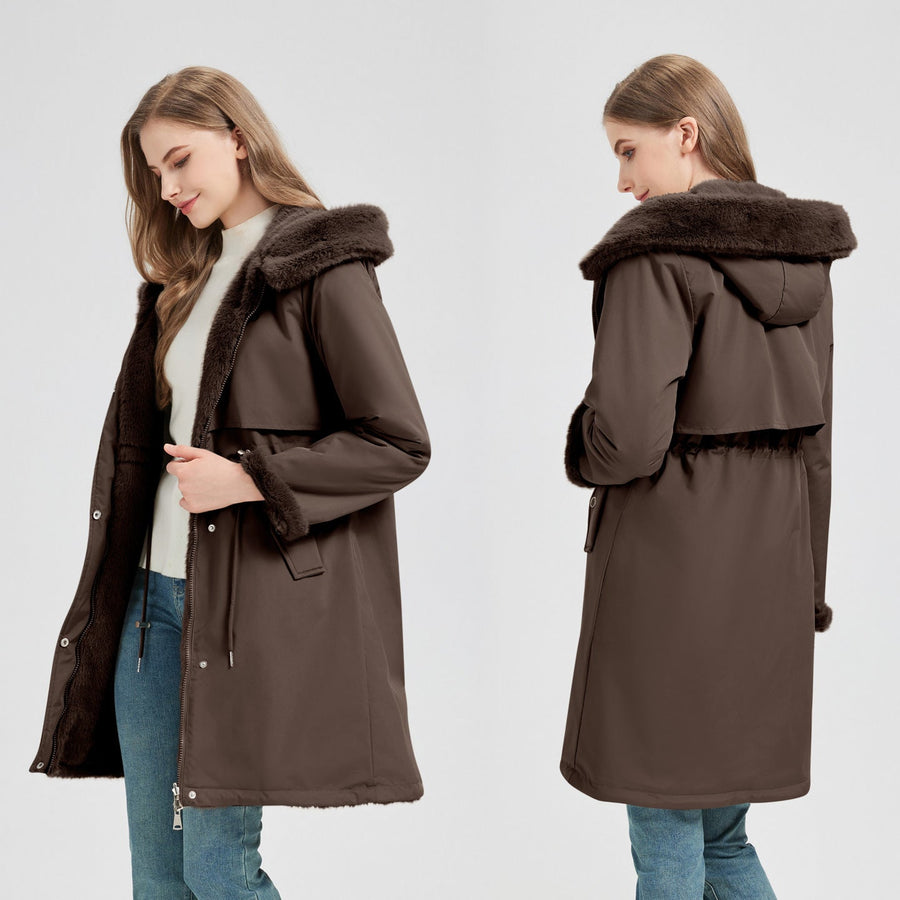 Dam Parkas med Huva och Mjukt Foder, Dragsko i Midjan, Ficka, Långärmad Vinterjacka