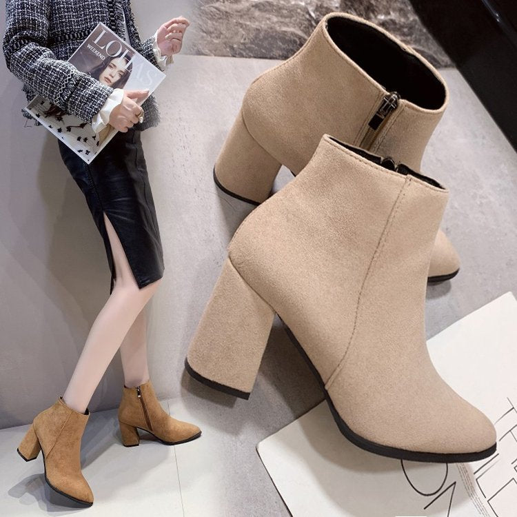 Ankelboots Dam Hög Klack Spetsig Tå Dragkedja Beige