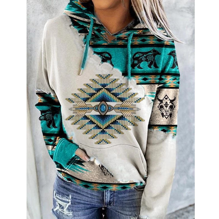 Hoodie med Aztekinspirerat Mönster och Fickor